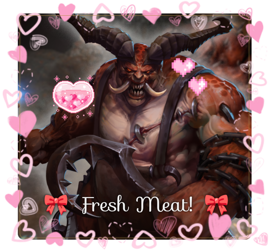 The Butcher from Diablo IV with a bow and hearts around him. At the bottom it says 'Fresh Meat'.